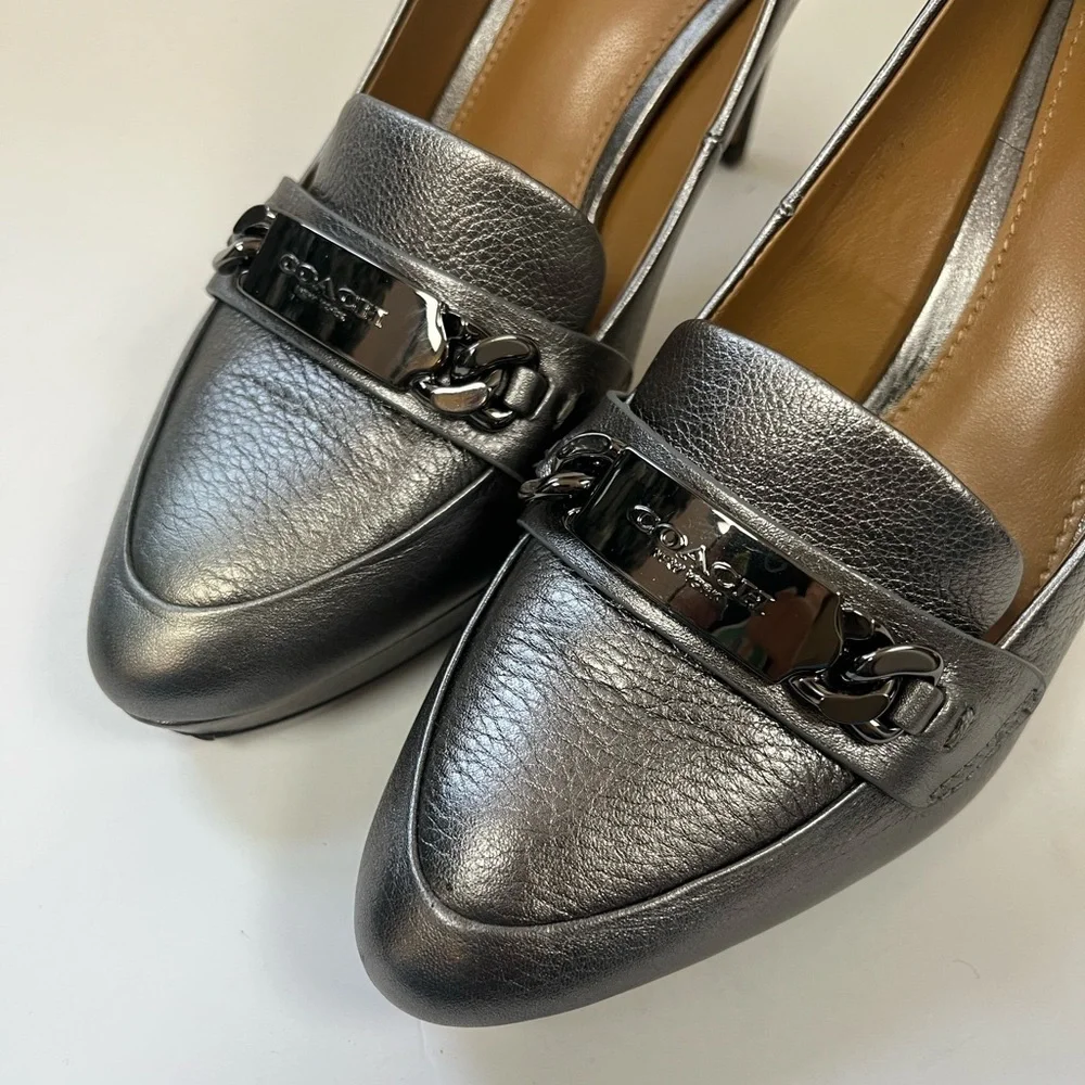 Coach Silver Leather Platform Loafers Size 6.5 B